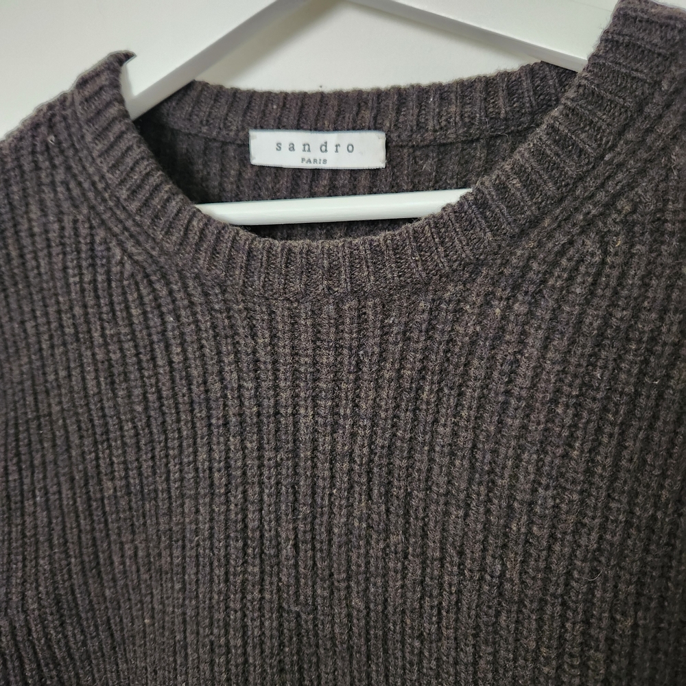Sandro Olive Brown Merino Ribbed Crewneck Sweater - Picture 2 of 9